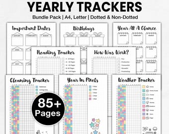 2026 Yearly Pixel Tracker Bundle, Printable Premade Bullet Journal 2026 | Productivity, Food, Fitness, Cleaning, Wellness, Mental Health