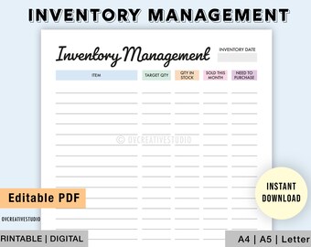 Bearbeitbare Lagerhaltung | Druckbarer Inventory Tracker, Inventory Sheet, Small Business Organizer, Lagerbestandsvorlage, Lagerbestandsliste