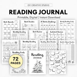 May include: A black and white reading journal with 72 pages, featuring printable and digital templates. Includes book trackers, monthly reading logs, and quote pages. The title "READING JOURNAL" is displayed prominently.