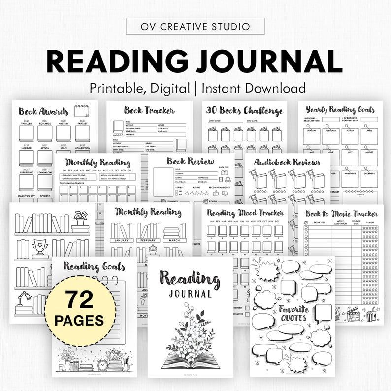 May include: A black and white reading journal with 72 pages, featuring printable and digital templates. Includes book trackers, monthly reading logs, and quote pages. The title "READING JOURNAL" is displayed prominently.
