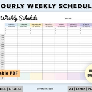Editable Weekly Schedule | Printable Weekly Planner PDF | Weekly Planner Digital | Week at a glance | To Do List, Hourly Weekly Schedule