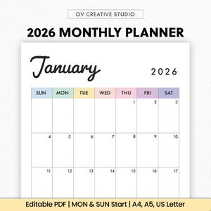 2026 Monthly Calendar | Printable, Fillable | Dated Monthly Calendar Planner | Vertical, Portrait | 2026 Year Calendar | A4, A5, Letter