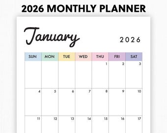 2026 Monthly Calendar | Printable, Fillable | Dated Monthly Calendar Planner | Vertical, Portrait | 2026 Year Calendar | A4, A5, Letter