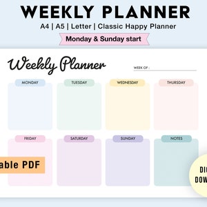 Editable Weekly Planner | Printable Weekly Planner Template | Week At A Glance | Weekly To Do List | Weekly Planner Digital PDF | Week Plan