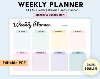 Editable Weekly Planner | Printable Weekly Planner Template | Week At A Glance | Weekly To Do List | Weekly Planner Digital PDF | Week Plan