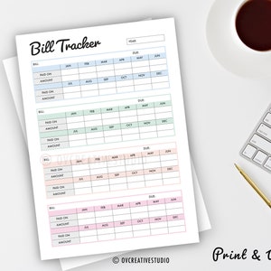 May include: A printed bill tracker titled "Bill Tracker" in a handwritten font. The tracker is divided into sections for bills, paid on dates, and amounts, with months listed across the top. The phrase "Print & Write" is at the bottom.