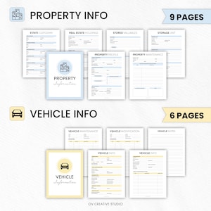 May include: A collection of printable property and vehicle information sheets. The "Property Info" section includes 9 pages, while the "Vehicle Info" section has 6 pages. Each section has a cover page with the title and a corresponding icon.