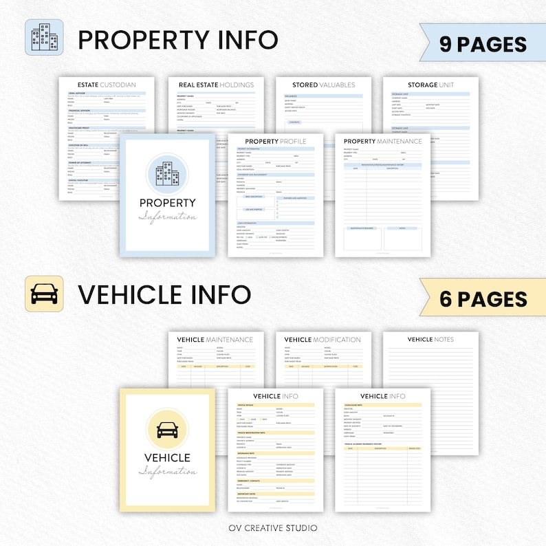 May include: A collection of printable property and vehicle information sheets. The "Property Info" section includes 9 pages, while the "Vehicle Info" section has 6 pages. Each section has a cover page with the title and a corresponding icon.