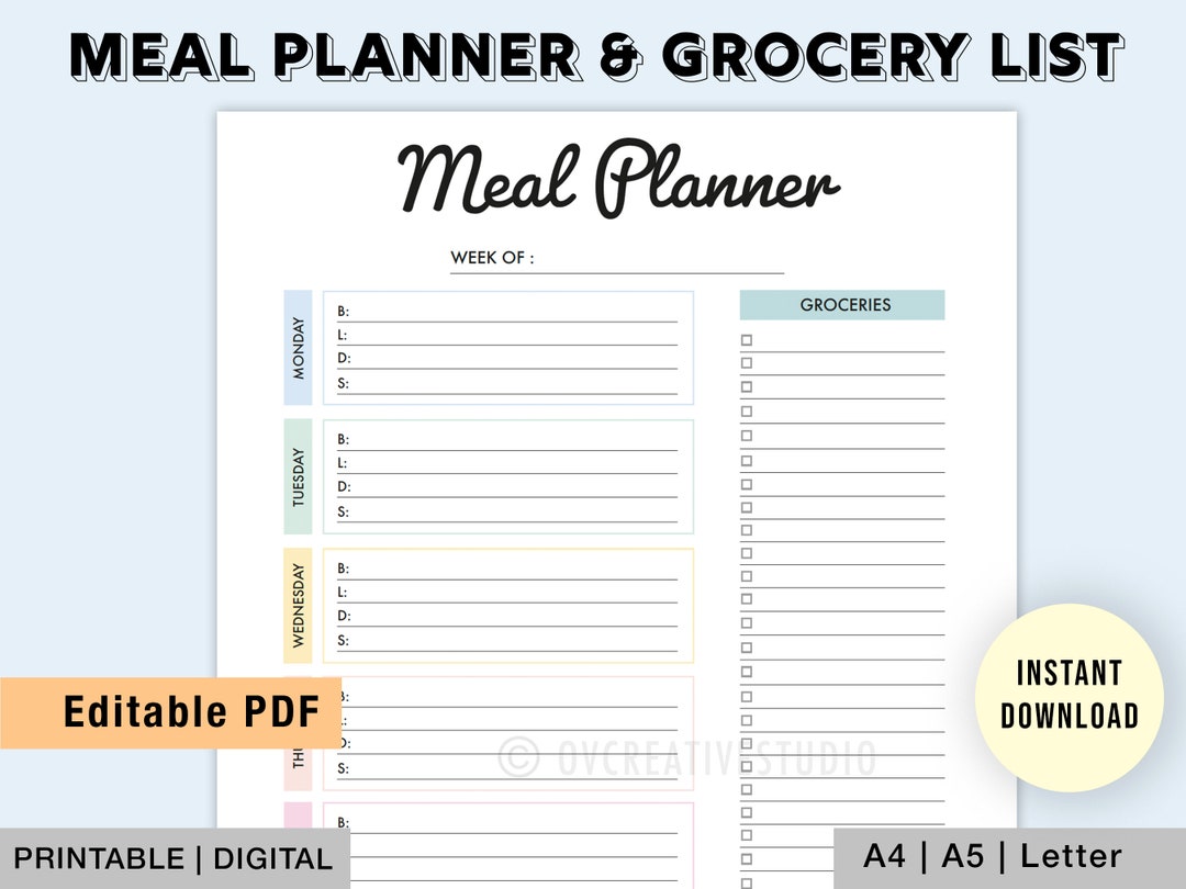 Editable Meal Planner and Grocery List | Printable, Digital | Meal Prep ...