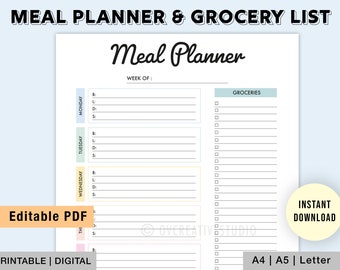 May include: Printable meal planner and grocery list template in PDF format. The template has a light blue, yellow, and pink color scheme. It includes sections for Monday, Tuesday, Wednesday, Thursday, and Friday, with space to write in meals for each day. There is also a section for a grocery list.