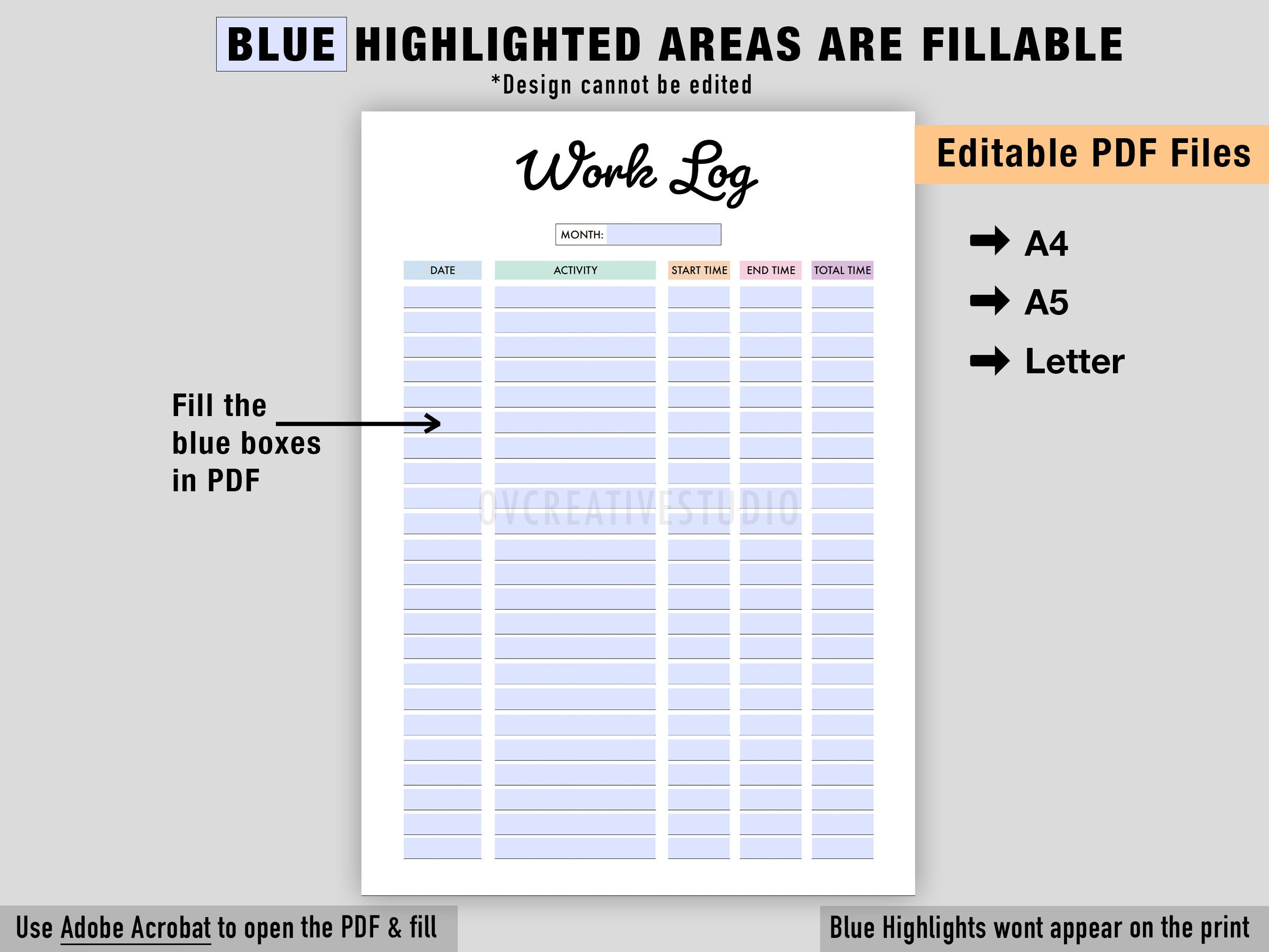Editable Work Log | Printable | Time Log | Activity Tracker | Working ...