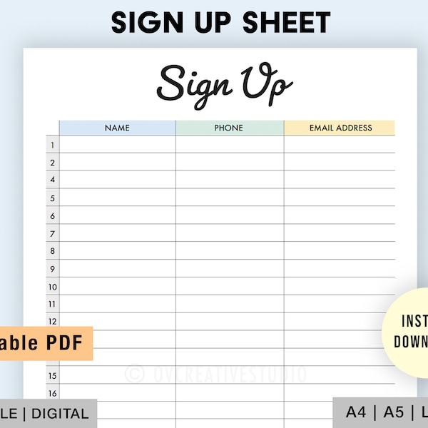Editable Sign Up Sheet | Email Sign Up Form | Contact Details | Sign In Sheet | Event Sign Up Sheet Template | Printable, Digital PDF
