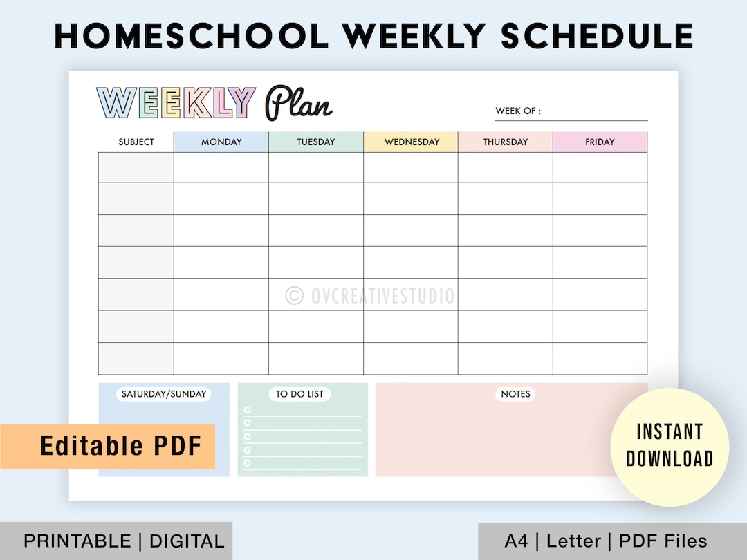 Editable Homeschool Weekly Schedule | Kids Weekly Plan | Printable ...