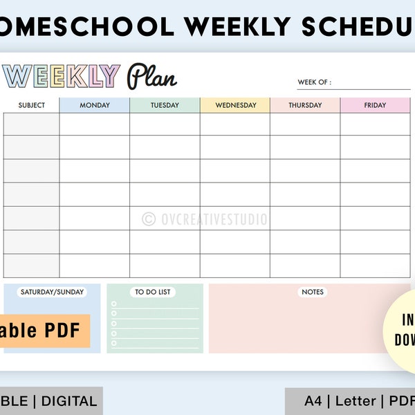 Editable Homeschool Weekly Schedule | Kids Weekly Plan | Printable Weekly Planner | Homeschool Planner Printable | Homeschooling Plan | PDF