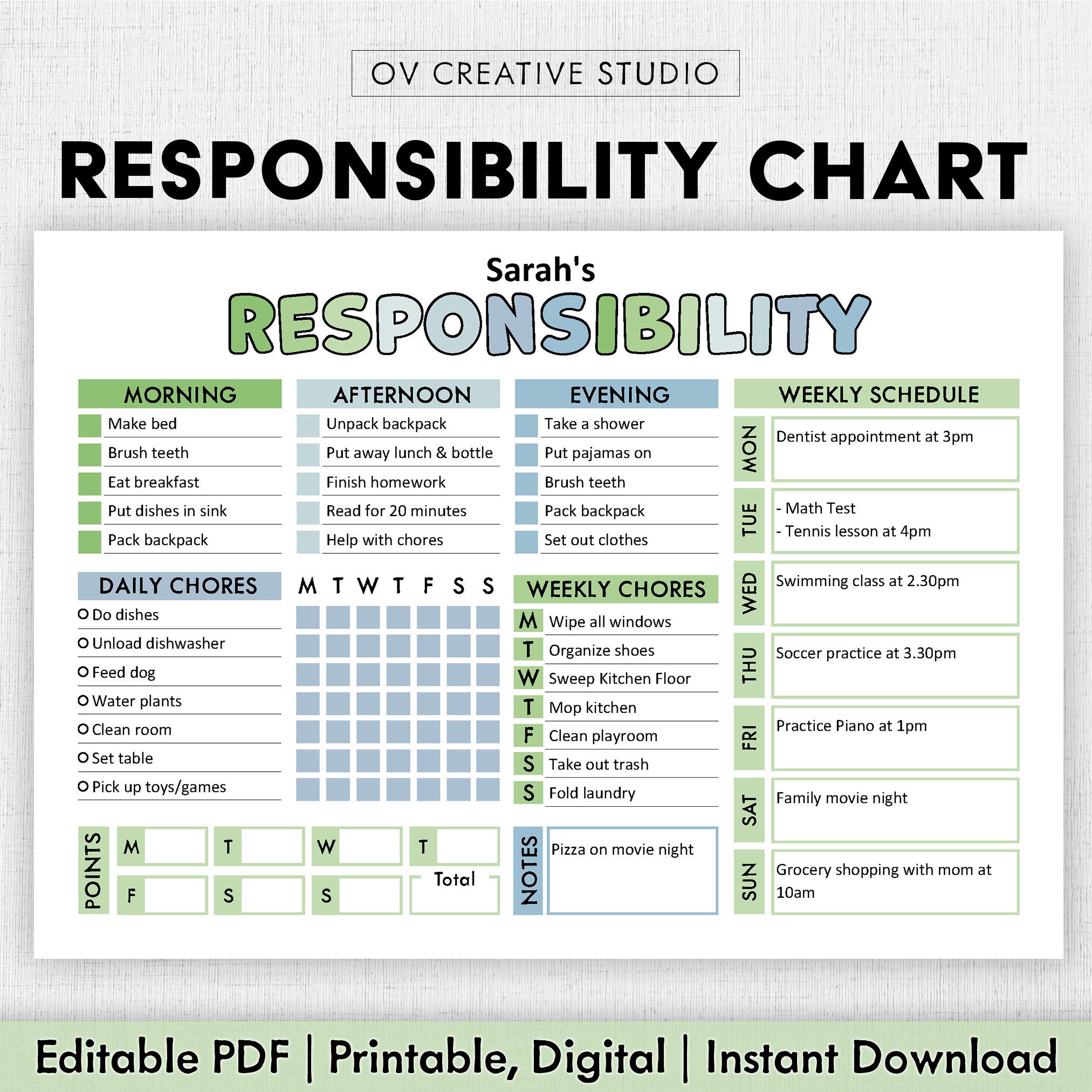 Editable Responsibility Chore Chart for Kids | Printable | Kids Daily Weekly Schedule | Kids Chore List | Kids Daily Routine Checklist | PDF