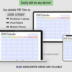 K&ouml;nnte beinhalten: Eine digitale Illustration einer Rechnungs-Kalender-Vorlage auf einem Laptop, Tablet und Smartphone. Der Kalender ist mit Pastellfarben und blau hervorgehobenen Bereichen zum Ausf&uuml;llen von Informationen gestaltet. Der Text "Bill Calendar" wird auf jedem Ger&auml;t angezeigt. Der Text "ADOBE ACROBAT" wird in einem Kasten auf dem Laptop-Bildschirm angezeigt. Der Text "BLUE HIGHLIGHTED AREAS ARE FILLABLE" wird am unteren Rand des Bildes angezeigt.