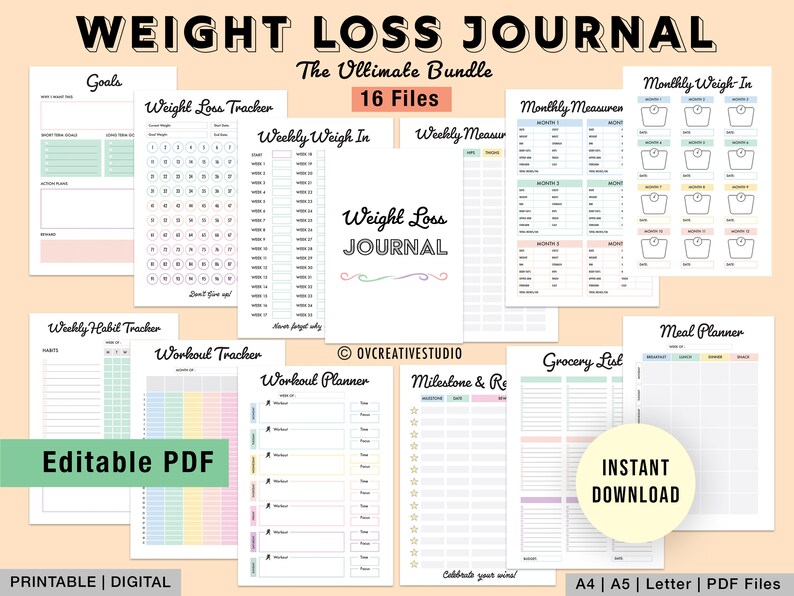 Editable Weight Loss Journal Weight Loss Tracker Planner Etsy