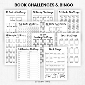 May include: A collection of black and white printable book challenges and bingo cards. The designs include challenges for 10, 30, 50, and 100 books, as well as a 30-day reading challenge, a genre challenge, and a book bingo game.