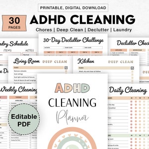 May include: Printable 30-page ADHD Cleaning Planner with checklists for chores, deep cleaning, decluttering, and laundry. The planner features a peach and green colour scheme with a cute illustration of a rainbow.