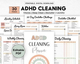 Editable ADHD Cleaning Planner Bundle, Printable, Weekly, Monthly Cleaning Planner, Checklist, Declutter, Deep Cleaning, Laundry