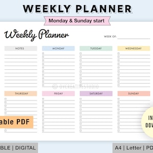 Editable Weekly Planner | Printable Weekly Planner Template | Week At A Glance | Weekly To Do List | Weekly Planner Digital PDF | Week Plan