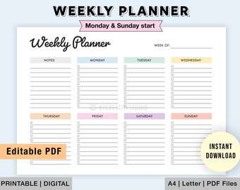 Editable Weekly Planner | Printable Weekly Planner Template | Week At A Glance | Weekly To Do List | Weekly Planner Digital PDF | Week Plan