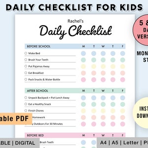 Editable Daily Checklist for Kids | Printable | Kids Responsibility Chart, To Do list | Before and After School | Daily Routine, Chore Chart