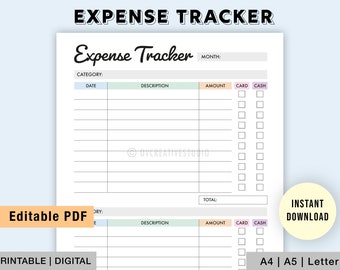 May include: Printable expense tracker in PDF format. The tracker has columns for date, description, amount, card, and cash. The tracker is designed for personal use and can be used to track expenses for a month.
