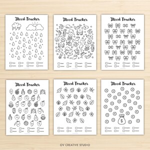 May include: Six white mood tracker pages with black illustrations. Each page has a different theme: rain, sea creatures, bows, fruits, leaves, and coins. Each page has checkboxes for tracking moods. The text "Mood Tracker" is at the top of each page.