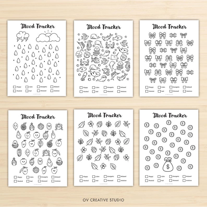 May include: Six white mood tracker pages with black illustrations. Each page has a different theme: rain, sea creatures, bows, fruits, leaves, and coins. Each page has checkboxes for tracking moods. The text "Mood Tracker" is at the top of each page.