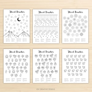 May include: Six black and white mood tracker printable pages. Each page features a different design, including stars, hearts, flowers, trees, plants, and mushrooms. Each page has a section to track moods.