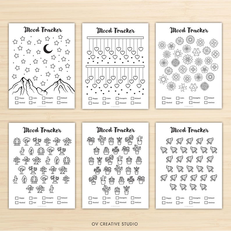 May include: Six black and white mood tracker printable pages. Each page features a different design, including stars, hearts, flowers, trees, plants, and mushrooms. Each page has a section to track moods.