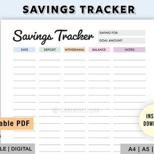 Rastreador de ahorros editable / Imprimible, Digital / Registro de ahorros / Ahorro de dinero / Desafío de ahorro / Objetivo de ahorro / A4, A5, Carta / PDF
