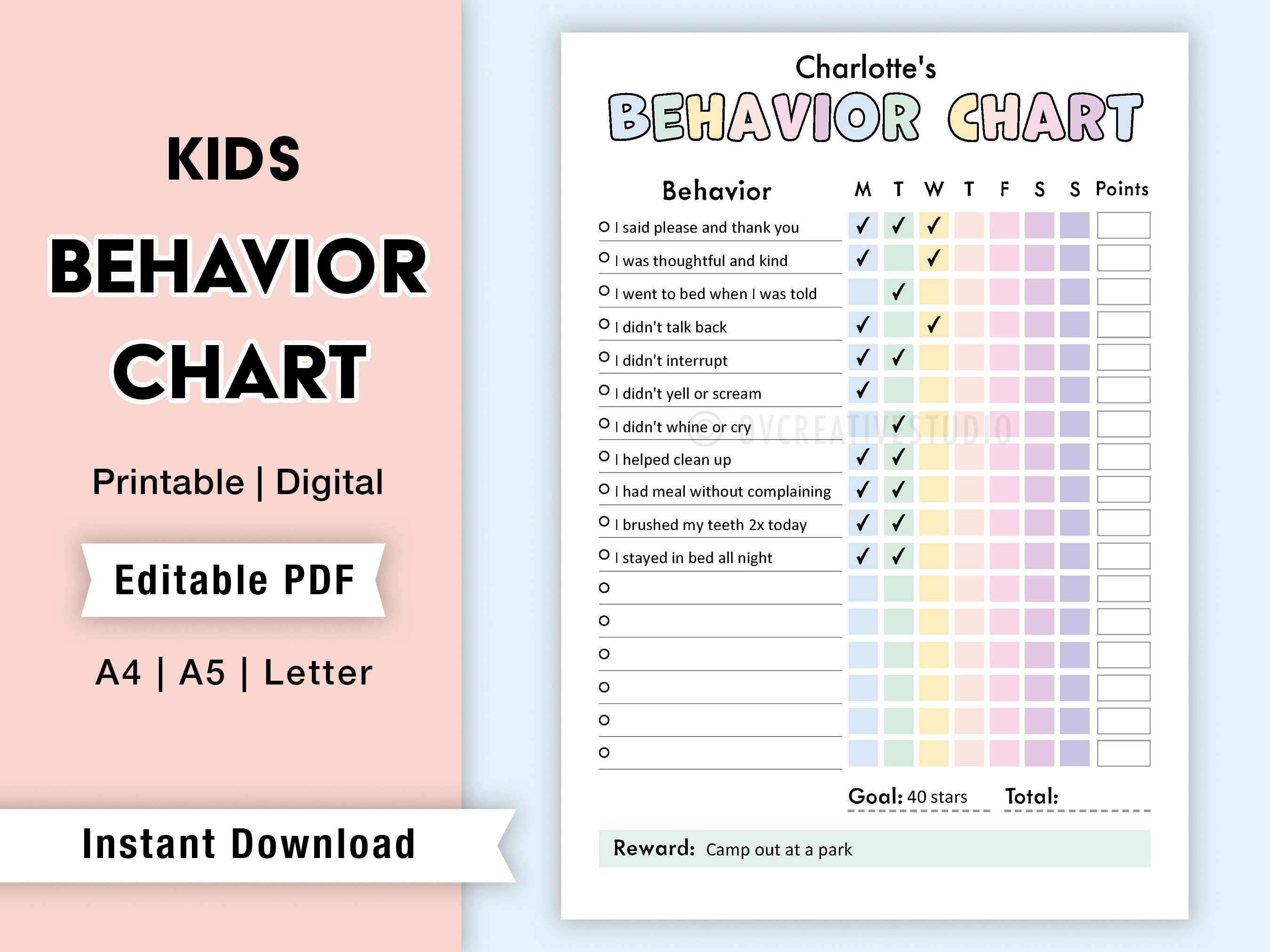 Behavior Reward Chart for Kids Printable Editable Digital Etsy UK