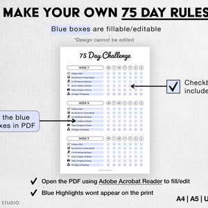 K&ouml;nnte beinhalten: Ein druckbarer 75-Tage-Challenge-Tracker mit blauen ausf&uuml;llbaren K&auml;stchen. Der Tracker enth&auml;lt ein Kalenderraster f&uuml;r jede Woche mit Kontrollk&auml;stchen f&uuml;r jeden Tag. Der Text "Make Your Own 75 Day Rules" befindet sich oben auf der Seite. Der Text "Checkboxes included" befindet sich in einem wei&szlig;en Feld mit einem H&auml;kchen.