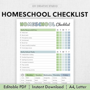 Editable Homeschool Checklist | Printable, Digital | Homeschool Planner, Daily Schedule for Kids, Schoolday Routine, Student Template | PDF