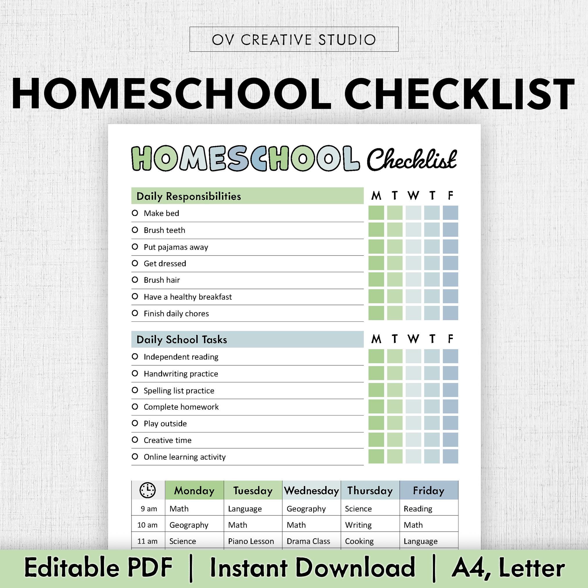 Subject Checklist Homework Editable Homeschool Checklist | Printable, Digital | Homeschool Planner ...