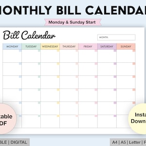 Editable Bill Calendar | Printable Monthly Bill Planner | Monthly Bill Log | Bill Payment Checklist | Bill Payment Tracker | Digital PDF