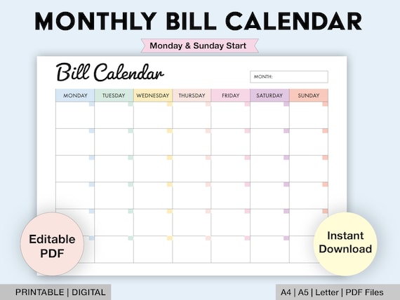 Editable Bill Calendar | Printable Monthly Bill Planner | Monthly Bill Log | Bill Payment Checklist | Bill Payment Tracker | Digital PDF