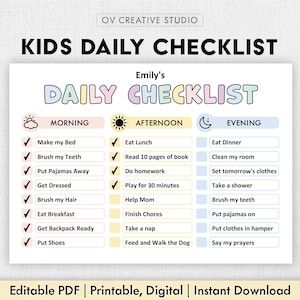 Liste de contrôle quotidienne modifiable pour les enfants | Imprimable | Tableau des responsabilités des enfants, liste des tâches à accomplir | Avant et après l'école | Routine quotidienne, tableau des tâches ménagères