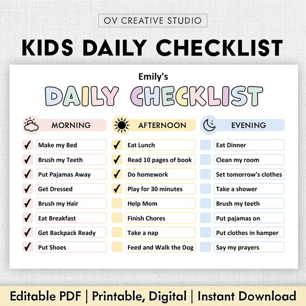 Editable Daily Checklist for Kids | Printable | Kids Responsibility Chart, To Do list | Before and After School | Daily Routine, Chore Chart