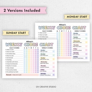 May include: A printable chore chart for kids with a colorful rainbow design. The chart includes daily and weekly chores for children. The chart has two versions, one with a Sunday start and one with a Monday start. The chart is titled "Allison's Weekly Chore Chart".