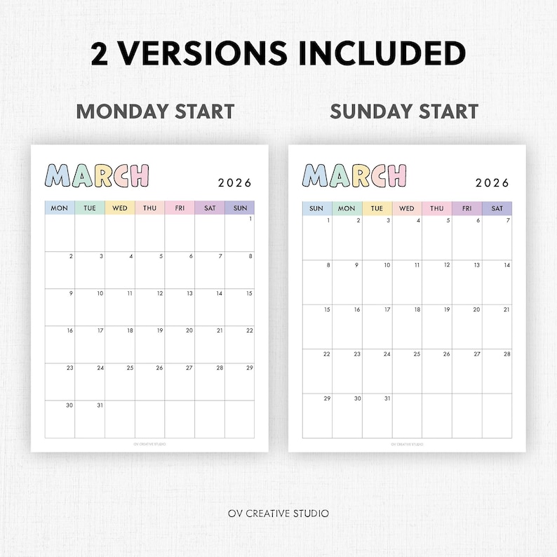 2026 Monthly Calendar | Printable, Fillable | Dated Monthly Template | 2026 Digital | Portrait, Vertical, 2026 Diary Insert | A4, A5, Letter image 3