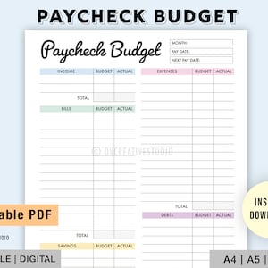 May include: Printable Paycheck Budget worksheet in PDF format. The worksheet is divided into sections for income, bills, savings, expenses, and debts. Each section has columns for budget and actual amounts. The worksheet is designed to help users track their income and expenses and create a budget.