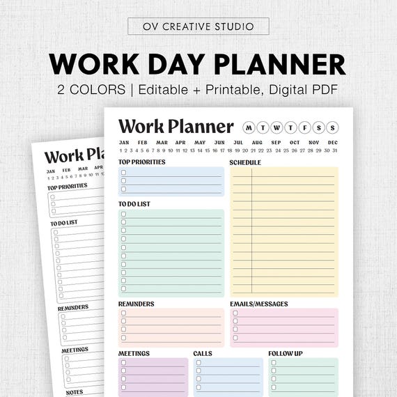 Editable Work Day Planner | Printable Work Day Organizer | Office Task Planner | Office Organizer | Work Log | Work To Do List Daily Planner
