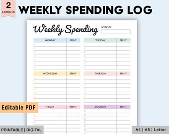 May include: Printable weekly spending log template with a light blue, yellow, and pink color scheme. The template has a space to write the week of and then lists each day of the week with a column for spending.