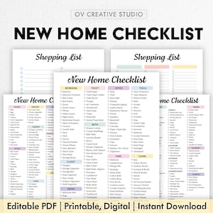New Home Checklist Printable, Editable | New Apartment Checklist, Moving Planner | Home Moving Essentials, Shopping List, Digital PDF