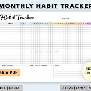 Editable Habit Tracker | Printable, Digital | Monthly Habit Tracker | Habit Log | Habit List | Daily, Weekly Habit Tracker | Goal Planner