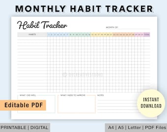 Bearbeitbarer Habit Tracker | Druckbar, Digital | Monatlicher Habit Tracker | Habit Log | Gewohnheitsliste | Täglicher, wöchentlicher Habit Tracker | Zielplaner