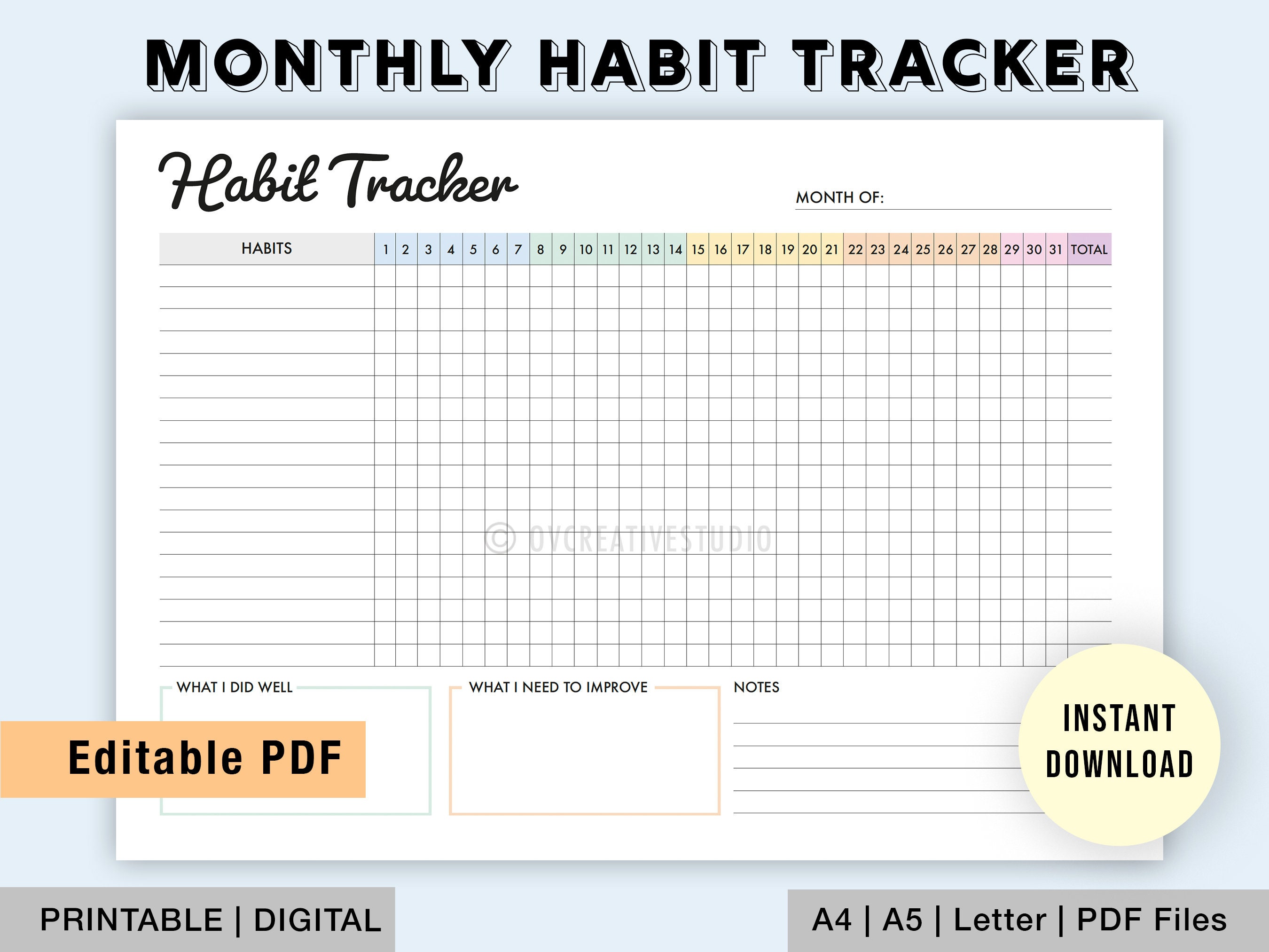 Editable Habit Tracker Printable Digital Monthly Habit - Etsy UK